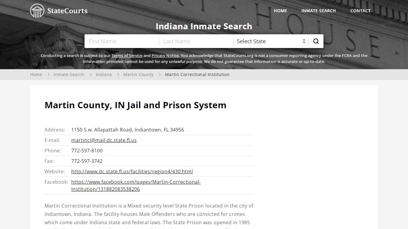 Martin Correctional Institution Inmate Records Search, Indiana ...